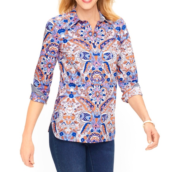 Talbots Button Down Blouse Womens Plus SZ 2XP Colorful Paisley Flip Cuff Retro - Picture 3 of 9